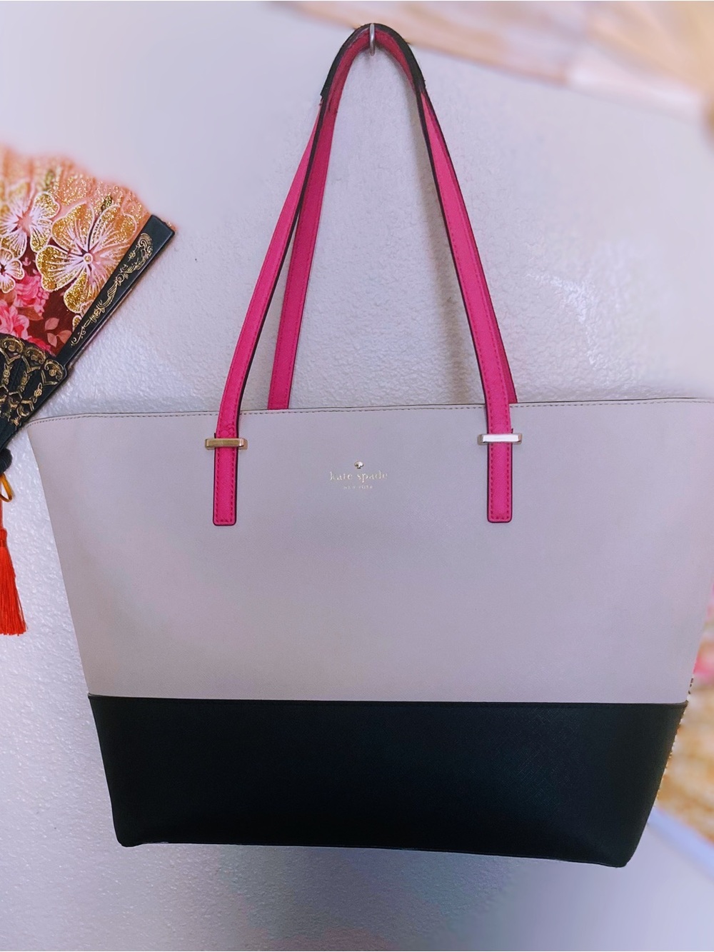 kate spade Cedar Street Harmony Cream and Black Tote with Pink Straps